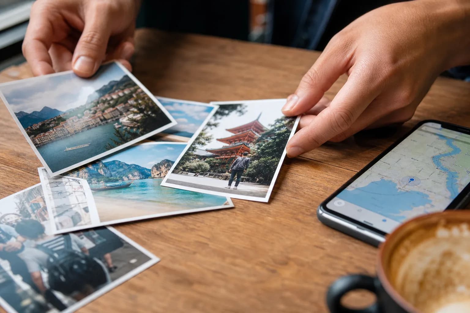 Travel photos laid out beside a phone showing a map