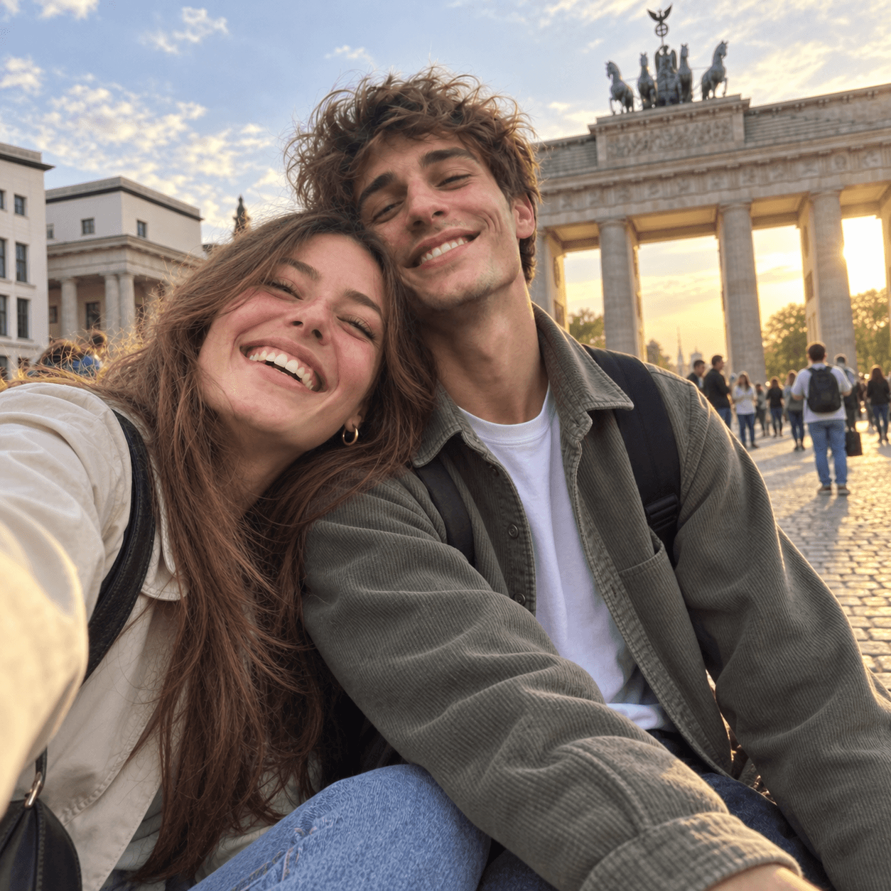 Young couple sunset selfie in front of Brandenburg Gate