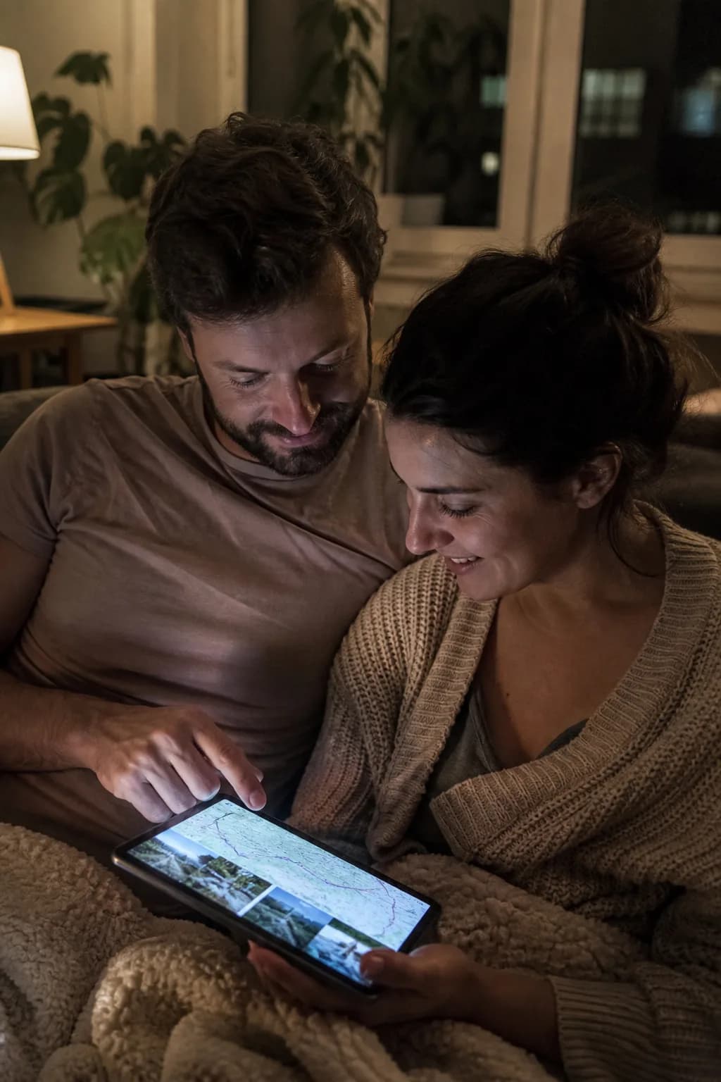 A couple watching shared memories together on a tablet