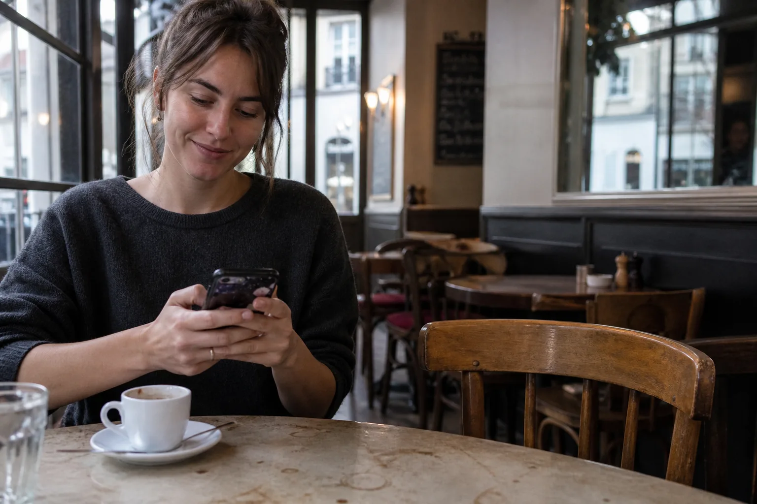 Someone sending a private invite from a phone in a cafe