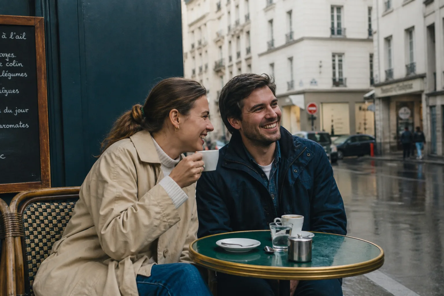 A couple sharing coffee on a cafe terrace
